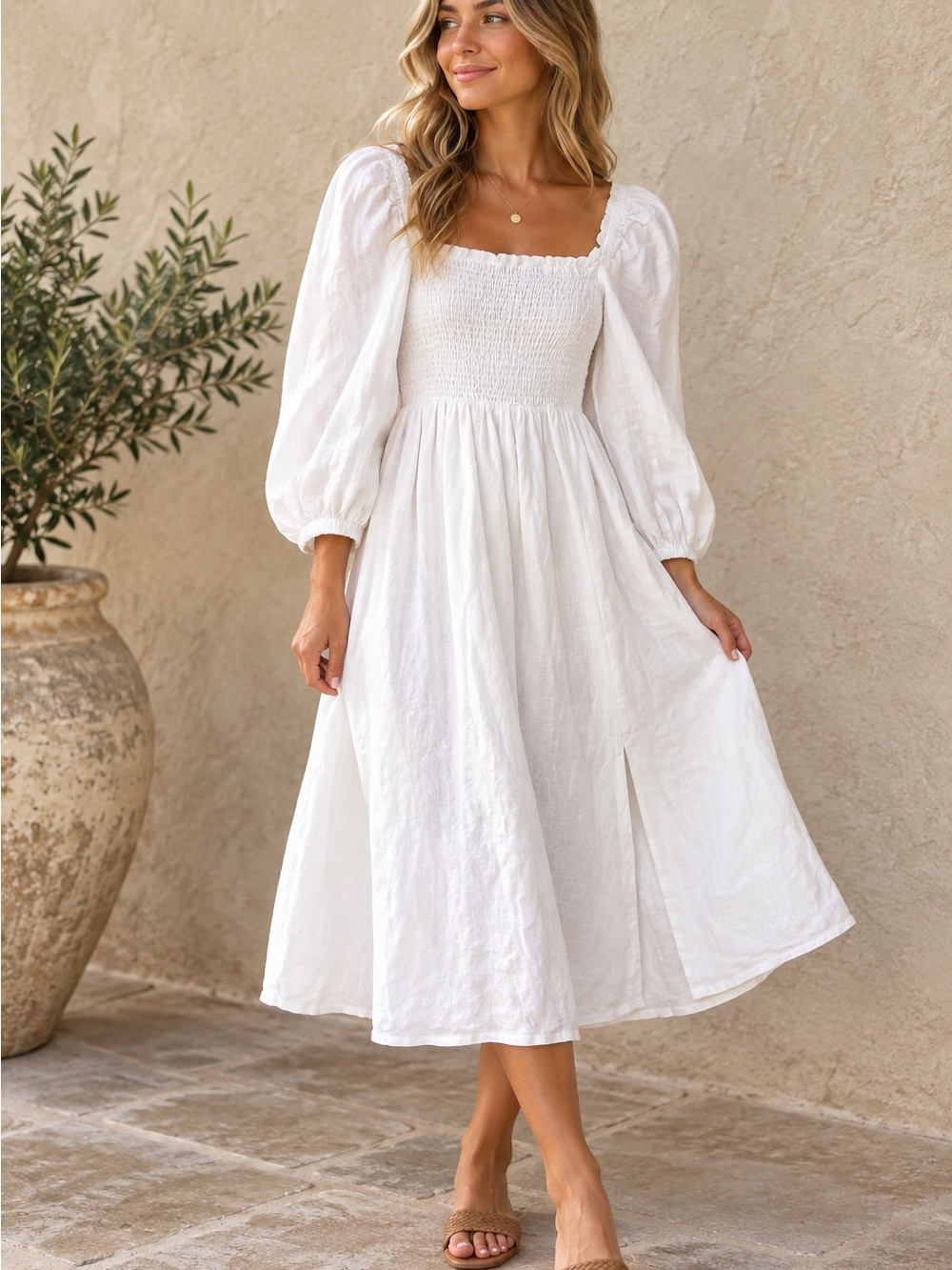 J. Crew White Smocked Square-Neck Midi Dress with Puff Sleeves size XXSP